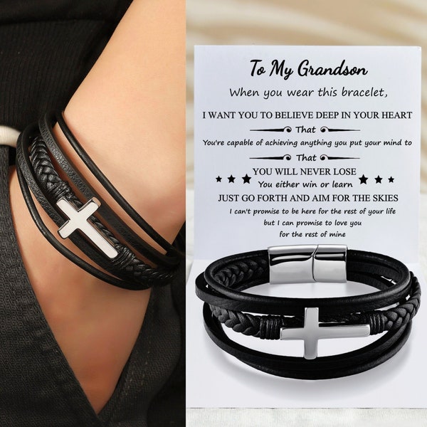 To My Grandson Bracelet, Cross Bracelet for Men, Son Bracelet, Mens Cuff Bracelet, Christian Bracelet for Boys, Birthday Gifts for Him