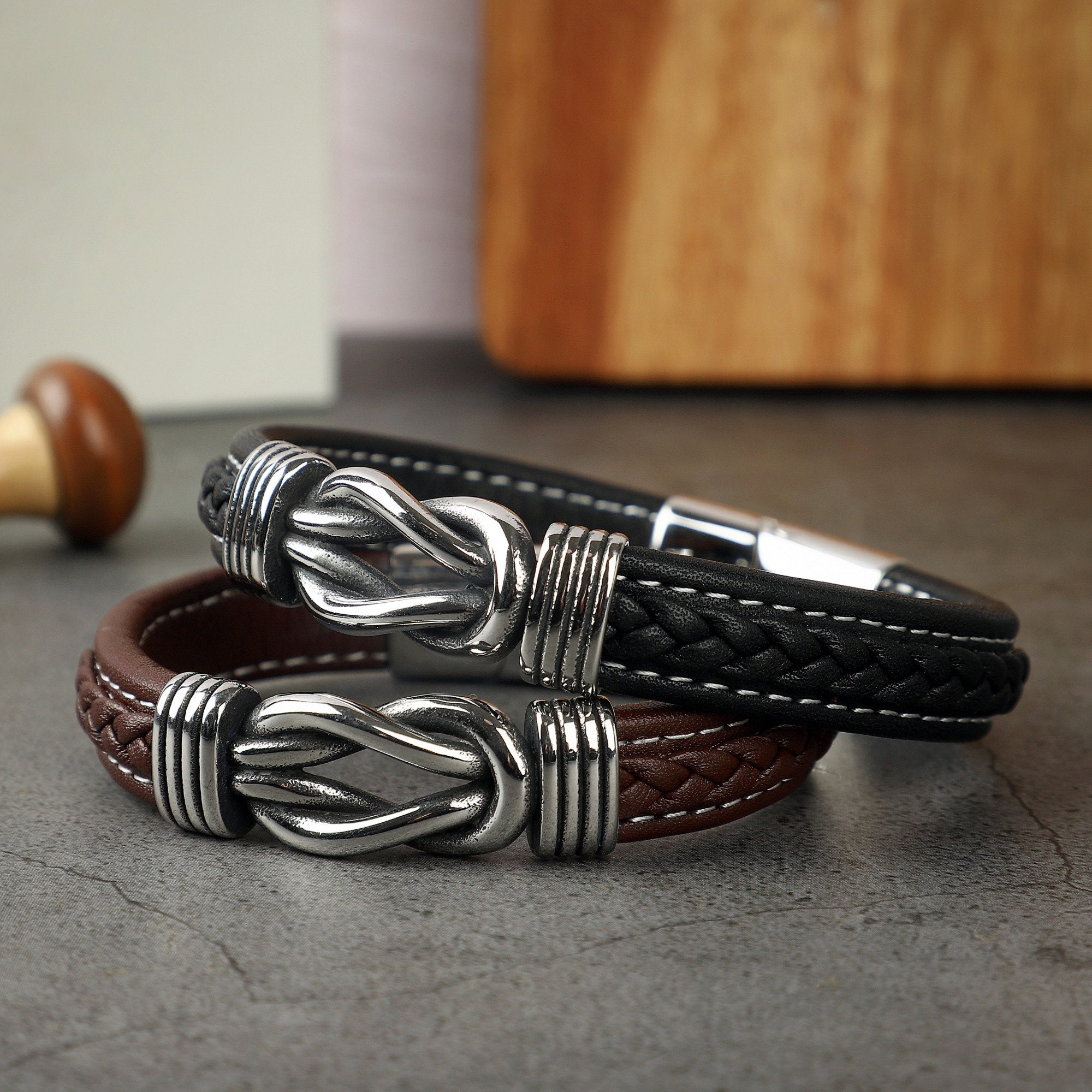 Bracelet Homme En Cuir Tressé Gravé "Je T'aime" - Fermoir Magnétique Acier Inoxydable - Cadeau Anniversaire, Noël, Fête Des Pères - 10