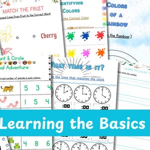 以下が含まれることがあります： マッチング、カウント、色の識別など、子供向けの教育用ワークシートのコレクション。ワークシートには、動物、果物、時計のイラストが含まれており、青いバナーに「Learning the Basics」というテキストが表示されています。