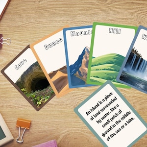 Flashcards sur le relief pour enfants | Cartes Montessori, 16 cartes mémoire recto-verso, enseignement à domicile, préscolaire, primaire