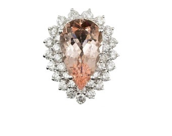 8.00 Carats Natural Morganite and Diamond 14K Solid White Gold Ring