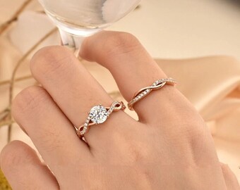 Infinity Wedding Bridal Ring, Engagement Bridal Ring, 14K Rose Gold Plated Ring, 1.7 Ct Moissanite Ring Set, Stacking Ring,