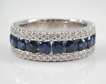 Eternity Wedding Band, Halo Engagement Band, 3.0 Ct Sapphire Band, 14K White Gold, Birthstone Band, Valentine's Day Gift, Anniversary Band