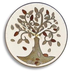 Handmade Raku ceramic wall clock with a Tree of Life design - 29 cm diameter