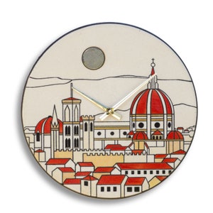 Handcrafted Raku ceramic wall clock with Florence background design - 35 cm diameter