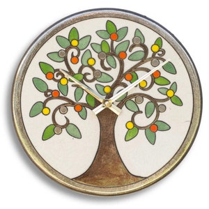 Handmade Raku Ceramic Wall Clock with Multicolored Tree Design - Diameter 29 CM
