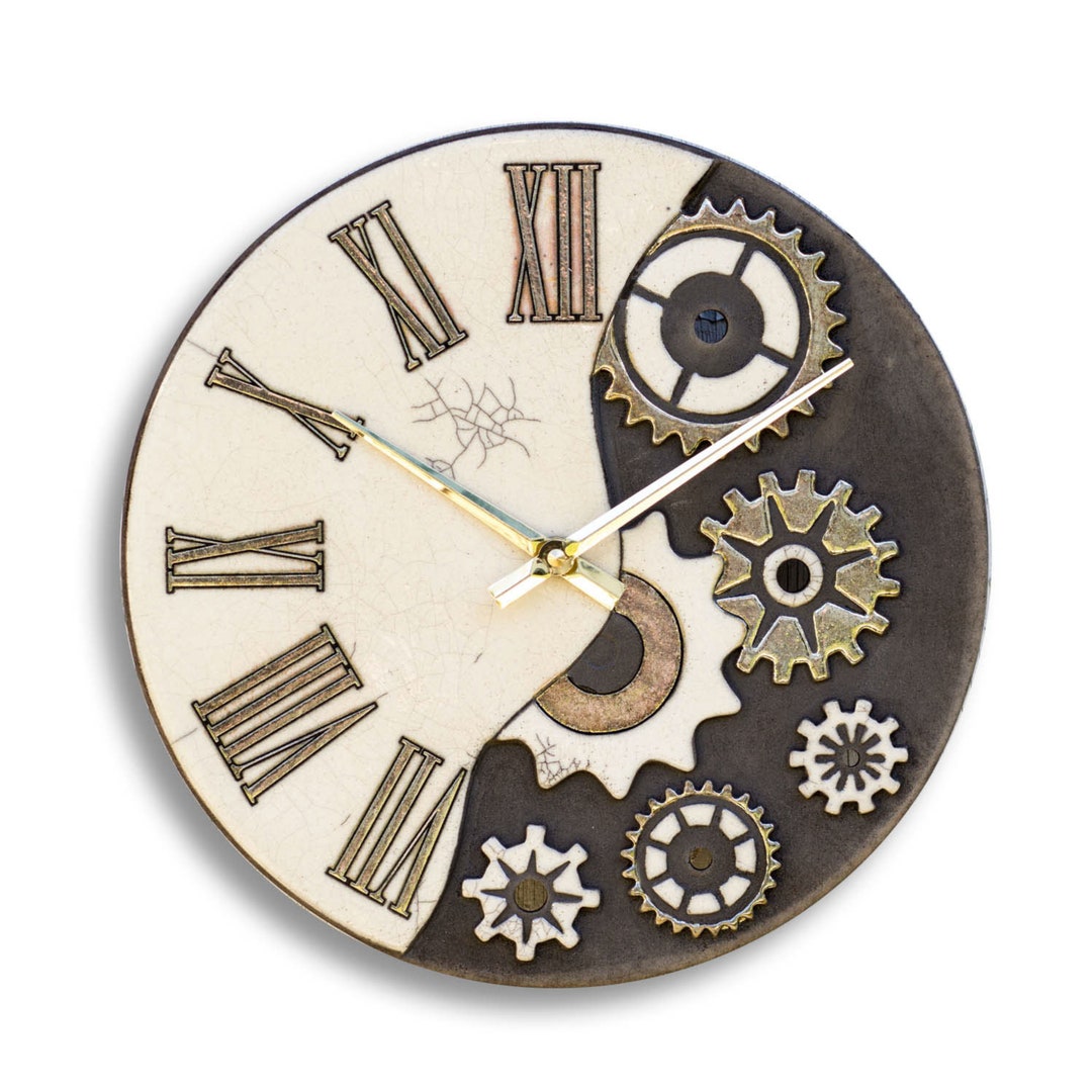 Lars Clock Handmade Raku Ceramic Wall Clock Design Gears and Roman Numerals ...