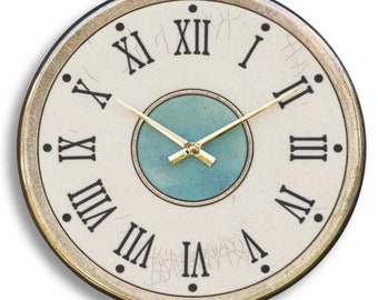 Handmade wall clock in raku ceramic design Roman numerals - DIAMETER 35 CM