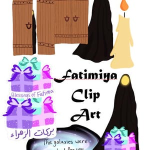Puede incluir: Una imagen de clip art digital que presenta una ilustración en blanco y negro de una galaxia con el texto "The galaxies were created for you." La imagen también incluye una caja de regalo morada y rosa con un lazo blanco y el texto "Blessings of Fatima" y una ilustración en blanco y negro de una mujer con un hiyab negro y sosteniendo una caja de regalo morada y rosa.