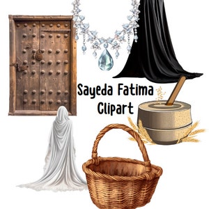 Puede incluir: Colección de elementos de clipart digital que incluyen una puerta de madera, un collar de diamantes brillante con un gran colgante en forma de lágrima, una capa negra, una prenda blanca con capucha, una cesta tejida y un molino de piedra. También aparece el texto "Sayeda Fatima Clipart".