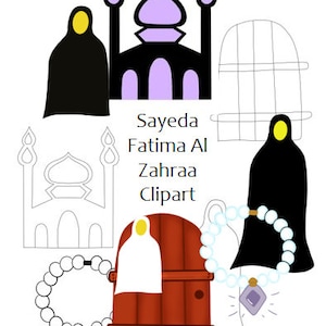 Puede incluir: Un conjunto de imágenes de clipart en blanco y negro que representan una mezquita, una mujer con hiyab, una puerta y un collar con un colgante. El texto "Sayeda Fatima Al Zahraa Clipart" está incluido en la imagen.
