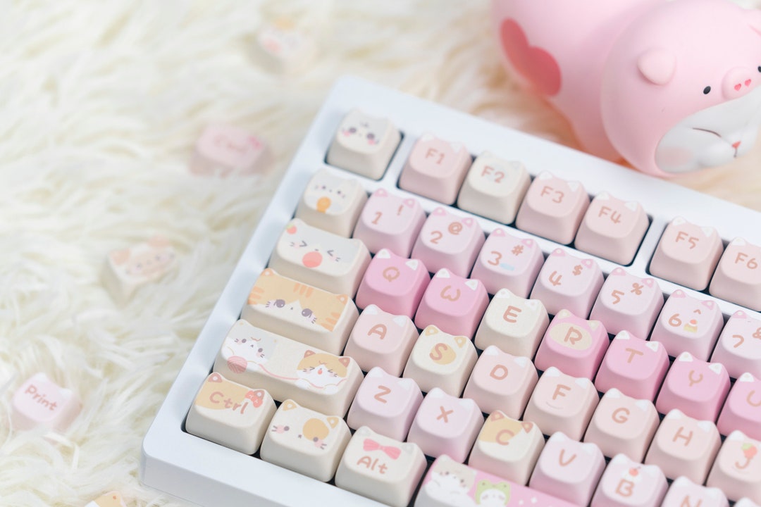 Kawaii Gaming Kitty Shaped Pink Pastel Kitties Keycaps PBT 142 Set MAO