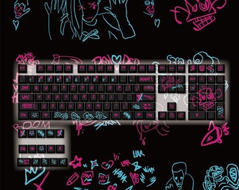 Kawaii Gaming | 2 DESIGNS! League of Legends Jinx Themed Keycaps PBT 108 Set Cherry Profile for Mechanical Keyboards