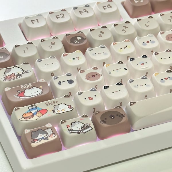 Kawaii Gaming | Kitty Shaped Mocha Kitties themed Keycaps PBT 139 Set MAO Profile for Mechanical Keyboards