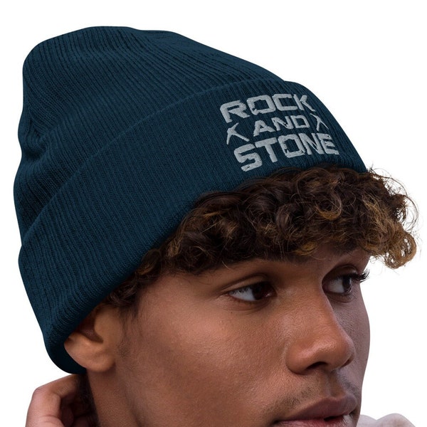 Fan Art Deep Rock Galactic Rock And Stone Ribbed knit Embroidered Beanie - Navy and Gray