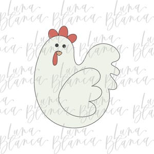 May include: A white chicken-shaped cookie cutter with a red comb and wattle. The cookie cutter has a simple, cartoon-like design, perfect for baking themed treats. The image has the Luna Blanca Blanca watermark.
