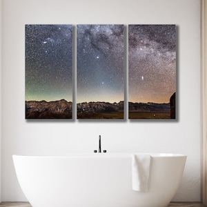 Stampa su tela trittico in 3 pezzi / Arte stampabile con stelle del cielo notturno, Astrofotografia, arte murale della Via Lattea / Notte stellata, Arredamento bagno, Belle arti