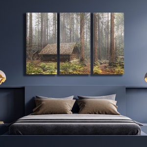 Cabin in a foggy forest wall art | Large Forest Wall Art , Nature 3 Piece Triptych, Canvas Print, Bathroom Nature Landscape Panels, Fine Art