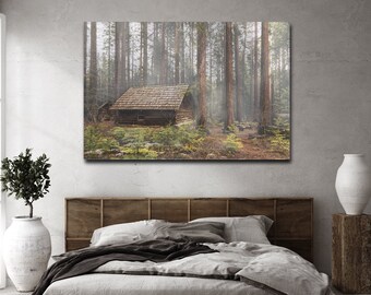 Foggy Forest Cabin Canvas Print: Rustic Mountain Landscape Wall Art