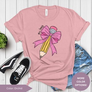 Personalized Coquette Teacher Shirt, Custom Name Bow Tee, Cute Back to School Gift for Women, Teacher Outfit, Teacher Appreciation Gift