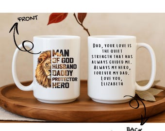 Man of God Husband Daddy Protector Hero Mug | Christian Fathers Day Gift | Faith-Based Mug for Dad, Husband, | Inspirational Dad Coffee Cup