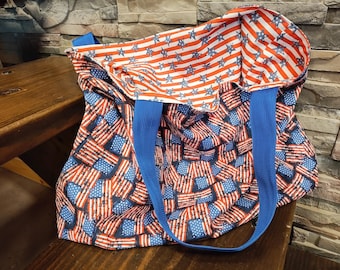 Reusable Grocery Bag - Washable - American Flag, Stars & Stripes