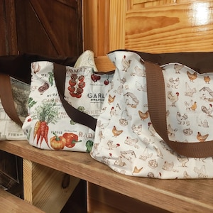 Reusable Grocery Bag - Waterproof Ripstop Lining - Assorted Designs: Vintage Farm, Vegetables, Chickens
