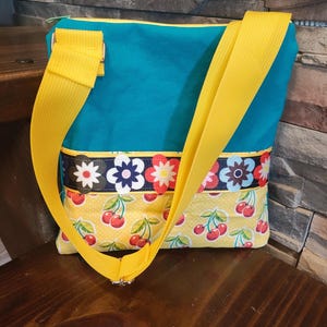 Handmade Canvas Messenger Bag for Girls: Teal & Cherry Purse