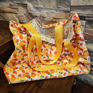 Reversible Cotton Market Bag: Oranges & Strawberries - Handmade