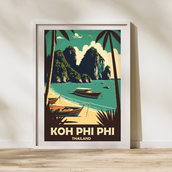 Impression rétro Koh Phi Phi | Affiche du milieu du siècle Thaïlande | Conception d'impression physique | Tableaux Plage