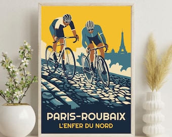 Affiche vintage Paris Roubaix Classique, art du monument cycliste Mid-Century