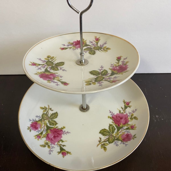 Vintage 2 Tiered Porcelain Candy Dish Tidbit Server with Pink Roses