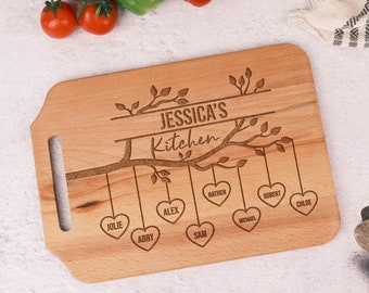 Personalized Wooden Family Tree Cutting Board | Grandkids Names Sign | Hanging Hearts |  Ideal Christmas Gift for Mom and Dad