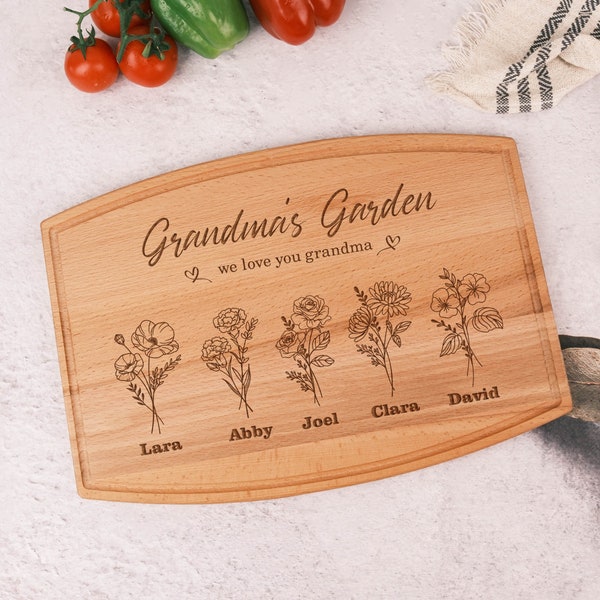 Birth Month Flower Personalized Cutting Board, Grandmas Garden With Grandkids Names, Mama's Kitchen Gift, Mother's Day Gifts for Mom