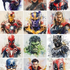 Marvel Avengers-personages | Aquarelafbeeldingen | Set van 12 prenten | Direct downloaden | Digitale afdruk