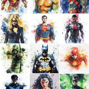 DC Superhelden inspiriert Aquarell Kunst | 12er Set Drucke | Sofortdownload | Digitaldruck