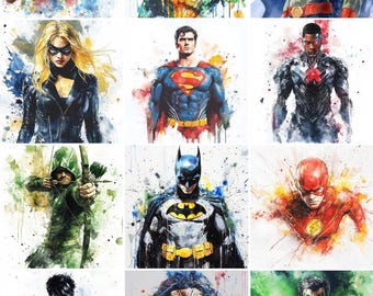 DC Superheroes Inspired WaterColor Art | Set of 12 Prints | Instant Download | Digital Print