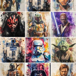 Puede incluir: Un collage de nueve pinturas de acuarela con personajes de la franquicia de Star Wars. Los personajes incluyen a Han Solo, R2-D2, Luke Skywalker, Darth Maul, Boba Fett, Mace Windu, C-3PO, un Stormtrooper, Yoda, The Mandalorian, Darth Vader y Obi-Wan Kenobi.