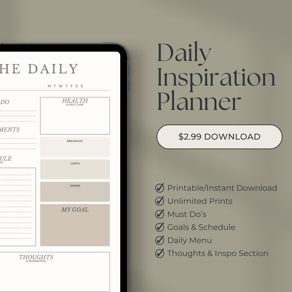 Daily Inspiration Planner, health goals, daily meals, must do's and schedules