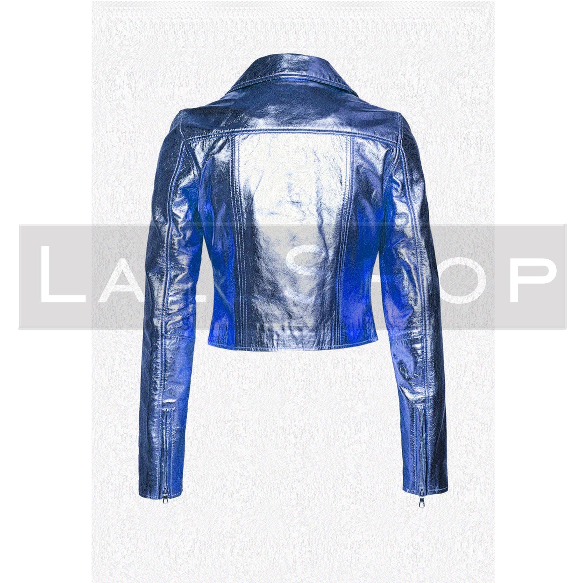 Women Blue Washed Zipper Biker Crop Jacket