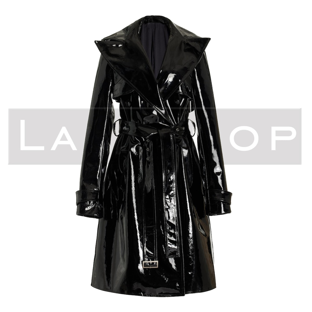 Women Black Vinyl Trench Coat Women Patent Leather Double Etsy