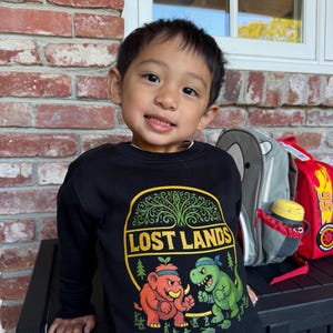 May include: A black long-sleeve sweatshirt featuring a graphic print with the text "LOST LANDS" in yellow, accompanied by illustrations of a red mammoth and a green dinosaur wearing headbands, surrounded by small green toy soldier figures.