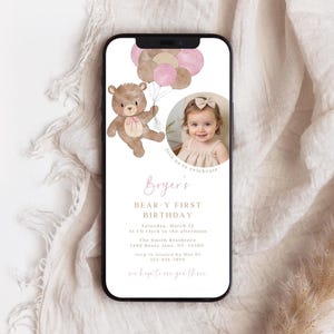 Teddy Bear 1st Birthday Invitation: Pink Balloons, Photo Evite (Digital)