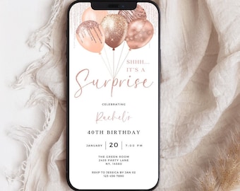 Surprise Birthday Party Invitation: Rose Gold Balloons (Digital Canva Template)