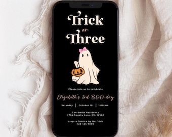 Trick or Three Girl 3rd Birthday Halloween Invitation (Digital)