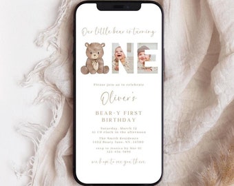 Teddy Bear 1st Birthday Invitation: Boho Photo Evite (Digital Template)