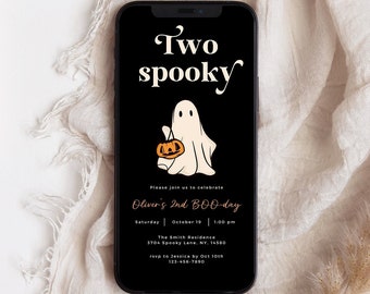 Two Spooky Boy 2nd Birthday Digital Invitation, Halloween Party Black Text Invite, Cute Ghost second Boo-day Evite, Editable Canva Template