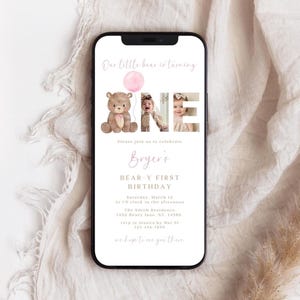 Teddy Bear 1st Birthday Invitation: Pink Boho Evite (Digital)