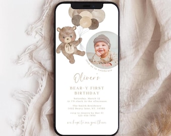 Teddy Bear 1st Birthday Invitation: Boho Photo Evite (Digital Template)
