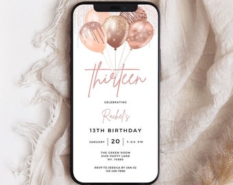Rose Gold 13th Birthday Invitation: Balloon Digital Evite (Canva Template)